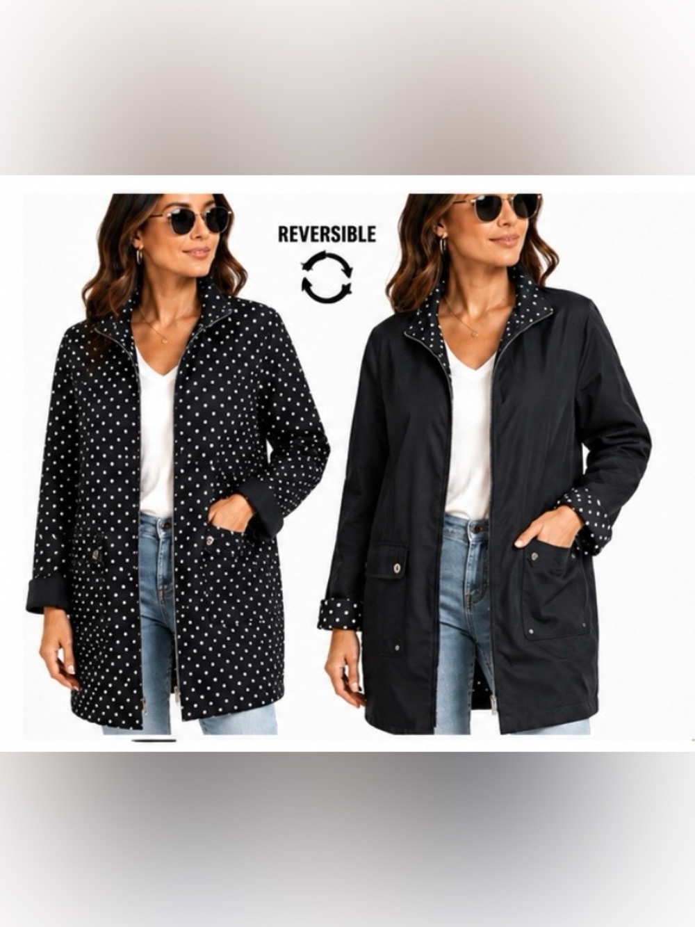 Jones New York Reversible Black Polka Dot Mid-Length Jacket Size M